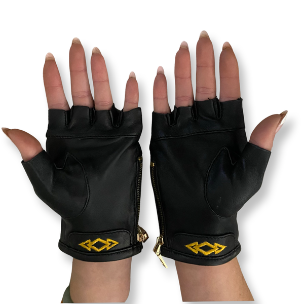 Fingerless Super Star Leather Gloves Black & Silver