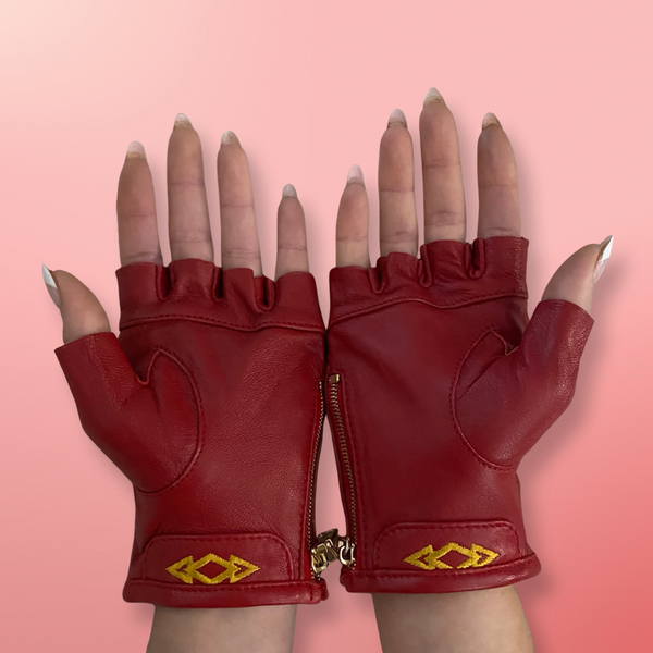 Fingerless Super Star Leather Gloves Black & Silver
