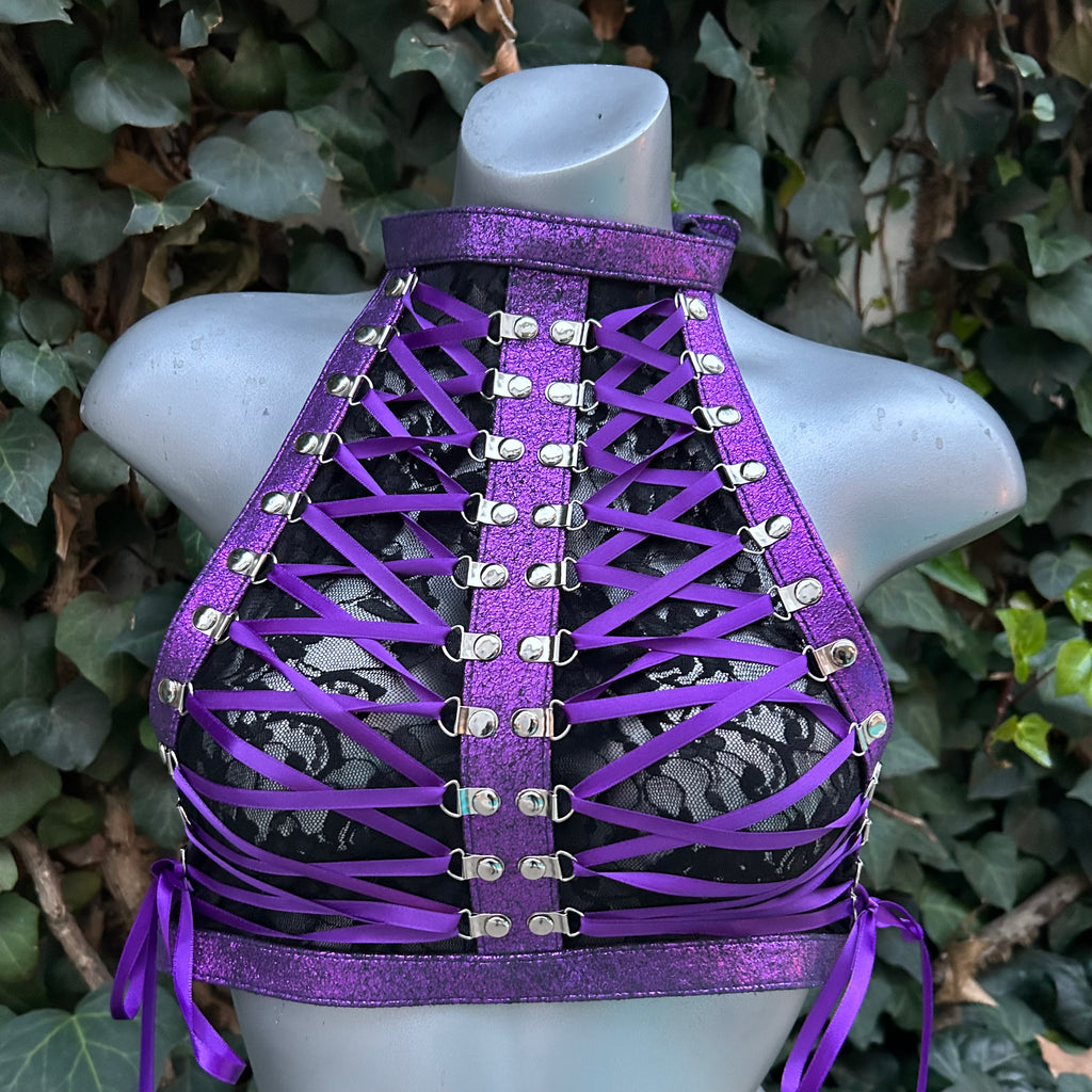Lace Embrace Leather Halter - with Silver/Purple