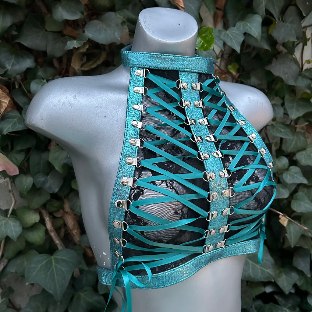 Lace Embrace Leather Halter - with Silver/Teal